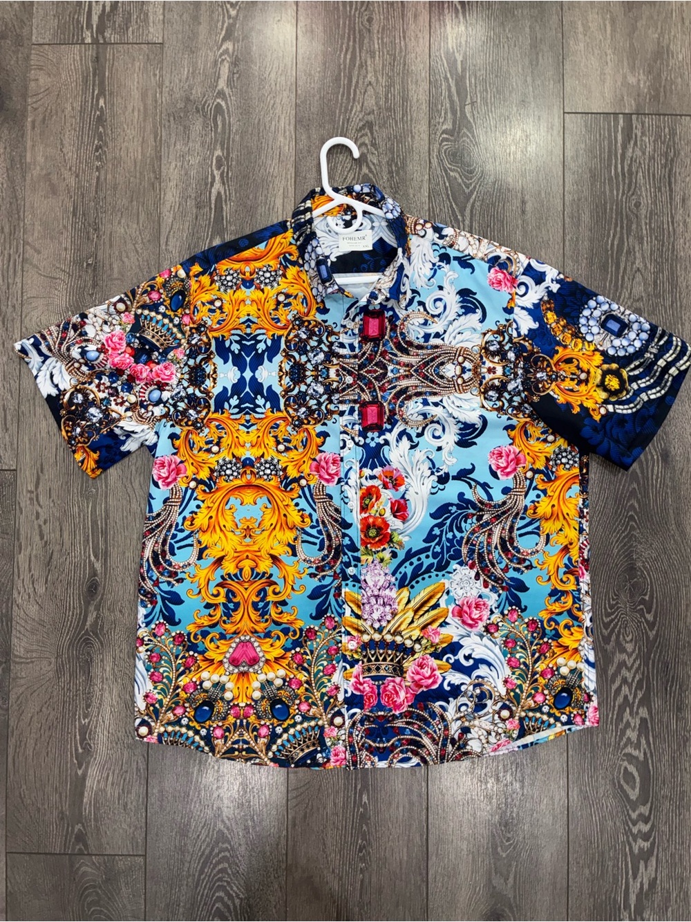 Fohemr Men’s XXL Baroque Printed Shirt Short Sleeve Button Down Luxury Shirt